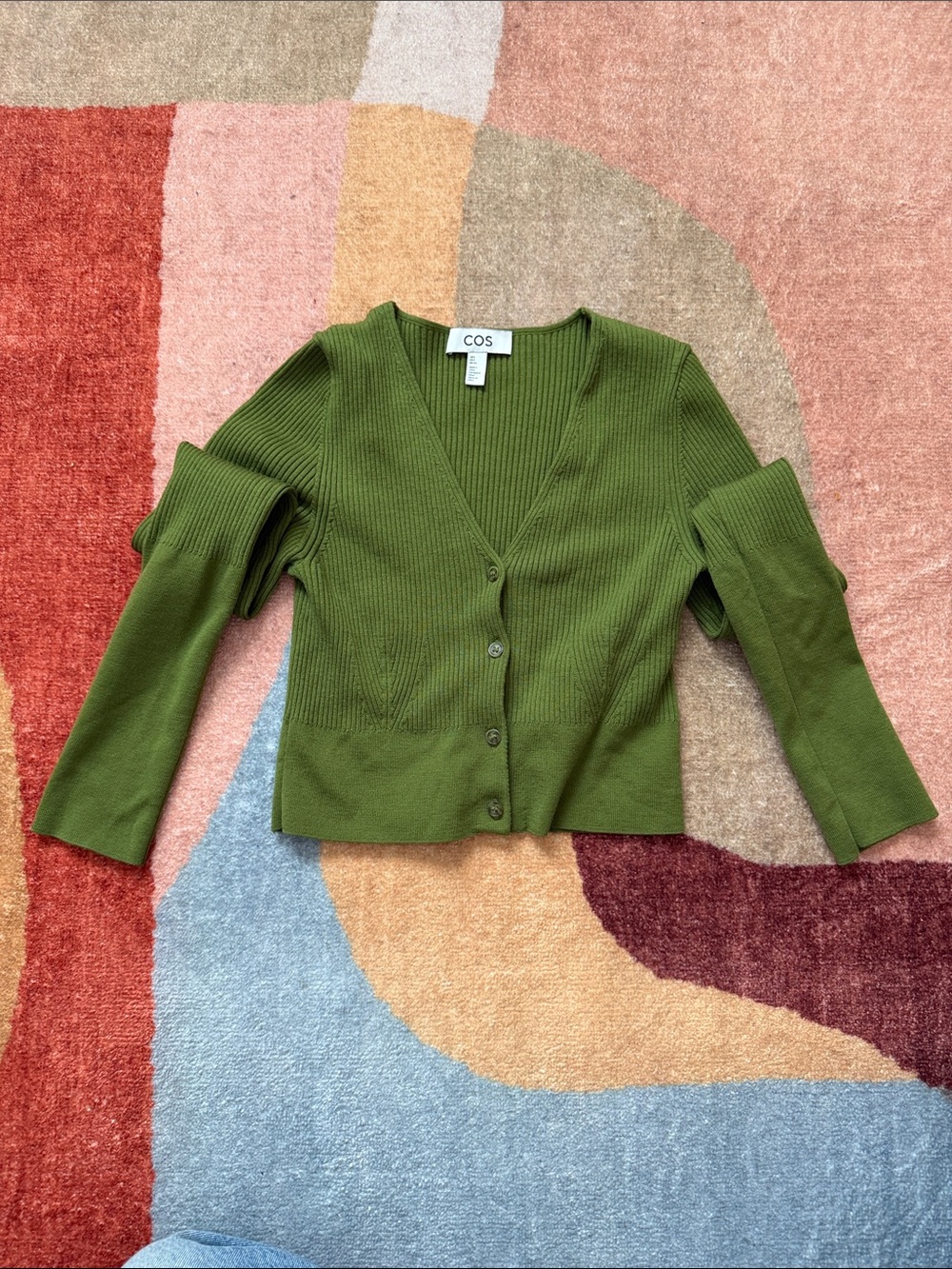 COS Olive Green Ribbed V-Neck Button Cardigan Set with Tank